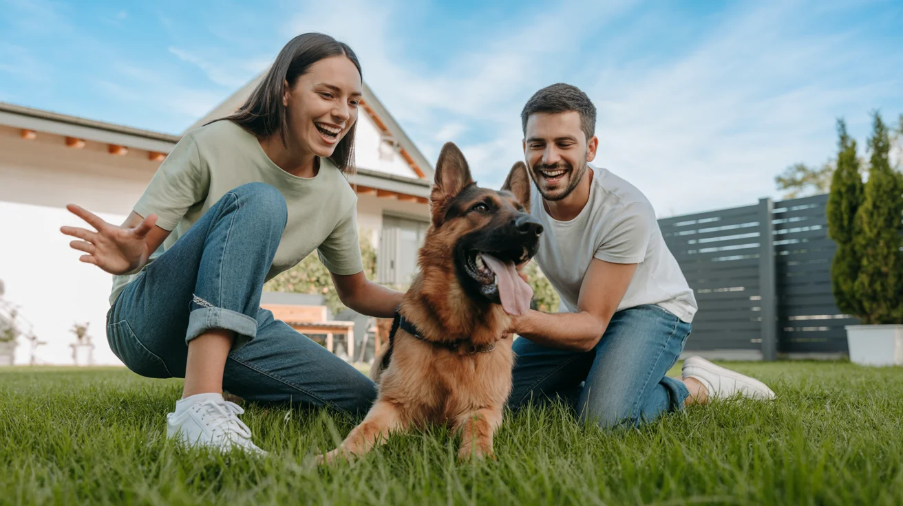 Happy dog owner playing with their insured pet in backyard