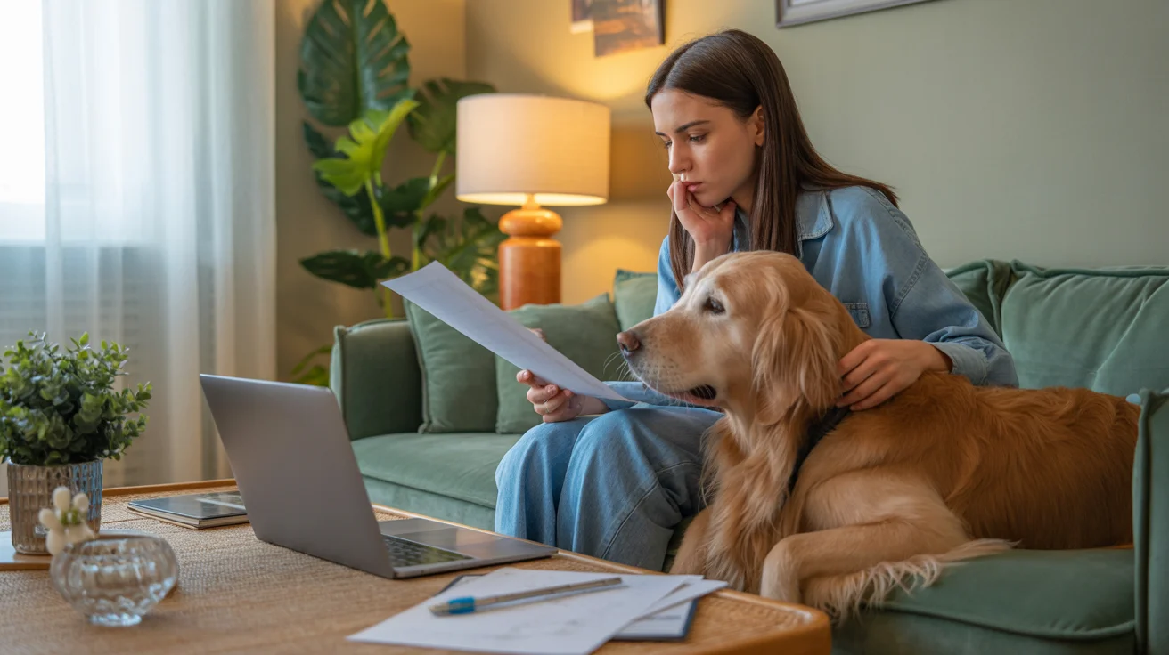 Pet owner reviewing pet insurance options with happy dog