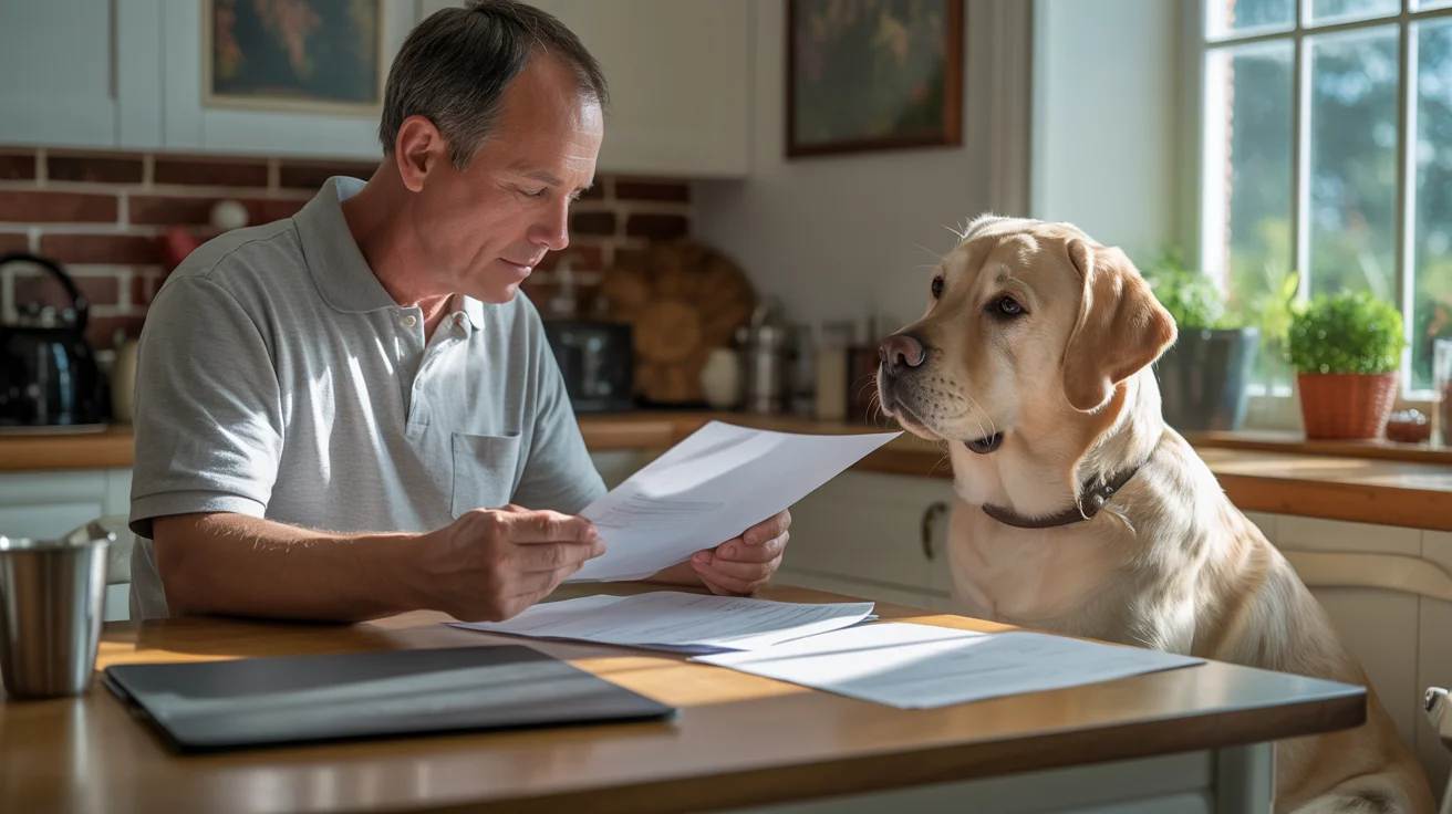 Pet owner reviewing pet insurance documents at home