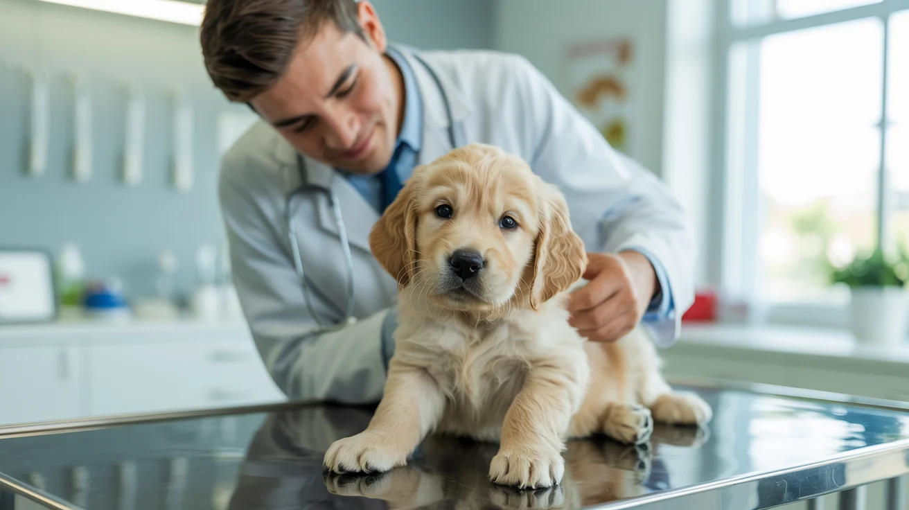 Young puppy getting first veterinary checkup