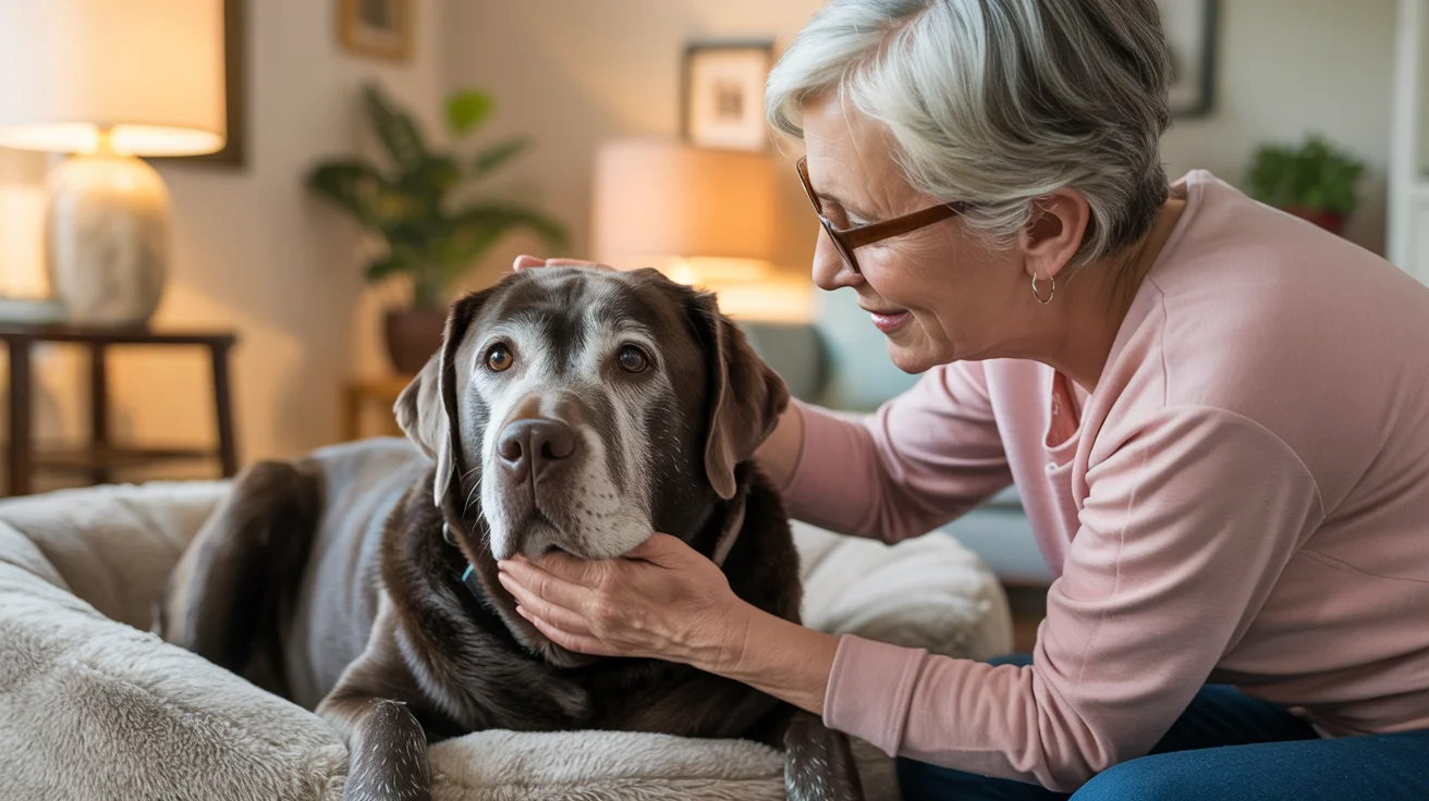 Elderly woman gently petting her senior gray-muzzled labrador