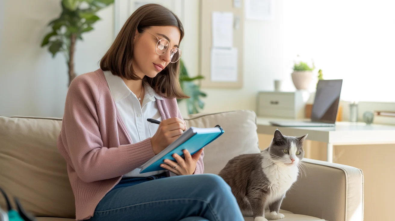Pet owner making decision about pet insurance with dog beside them