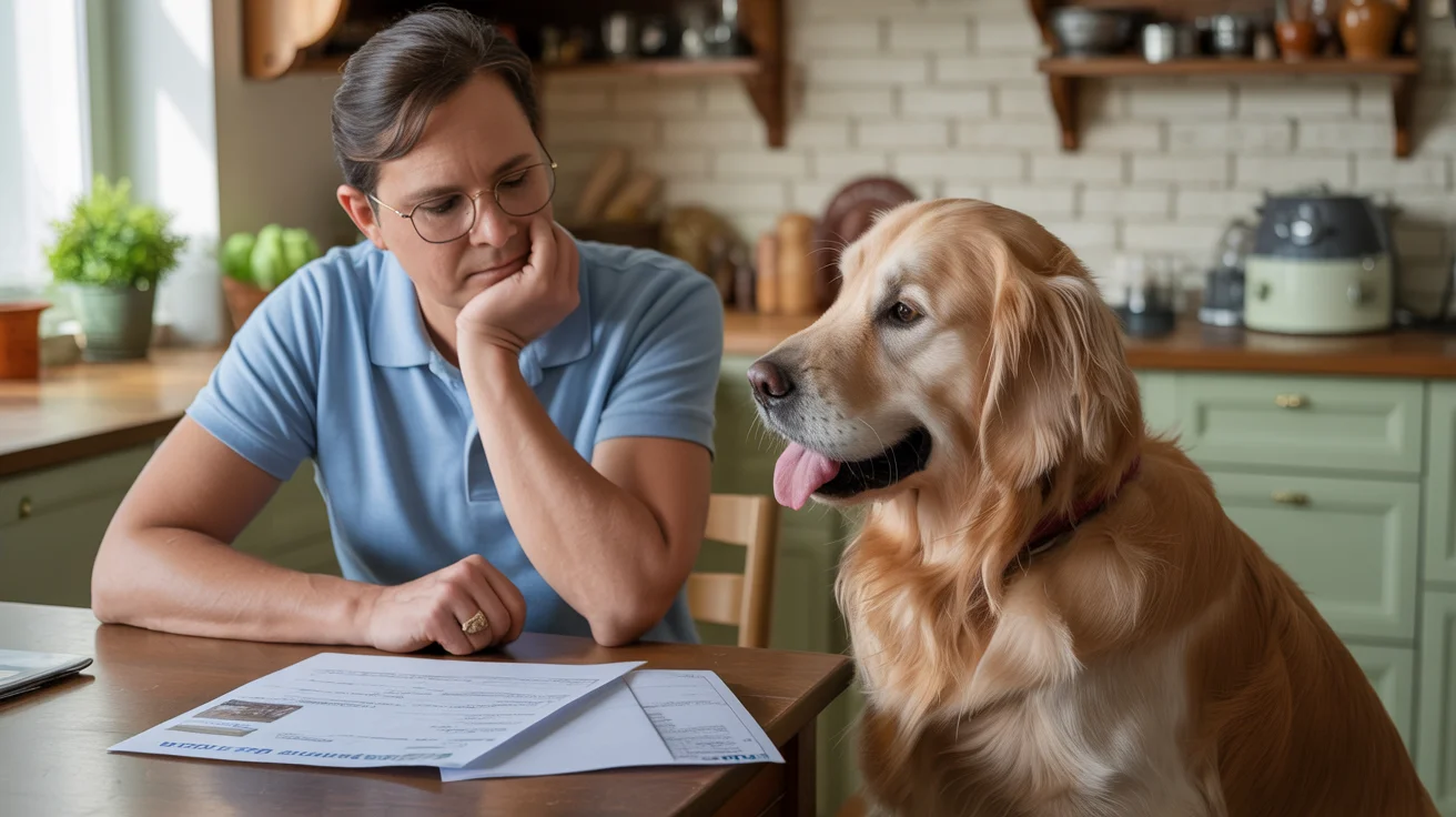 Pet owner considering different insurance scenarios with dog