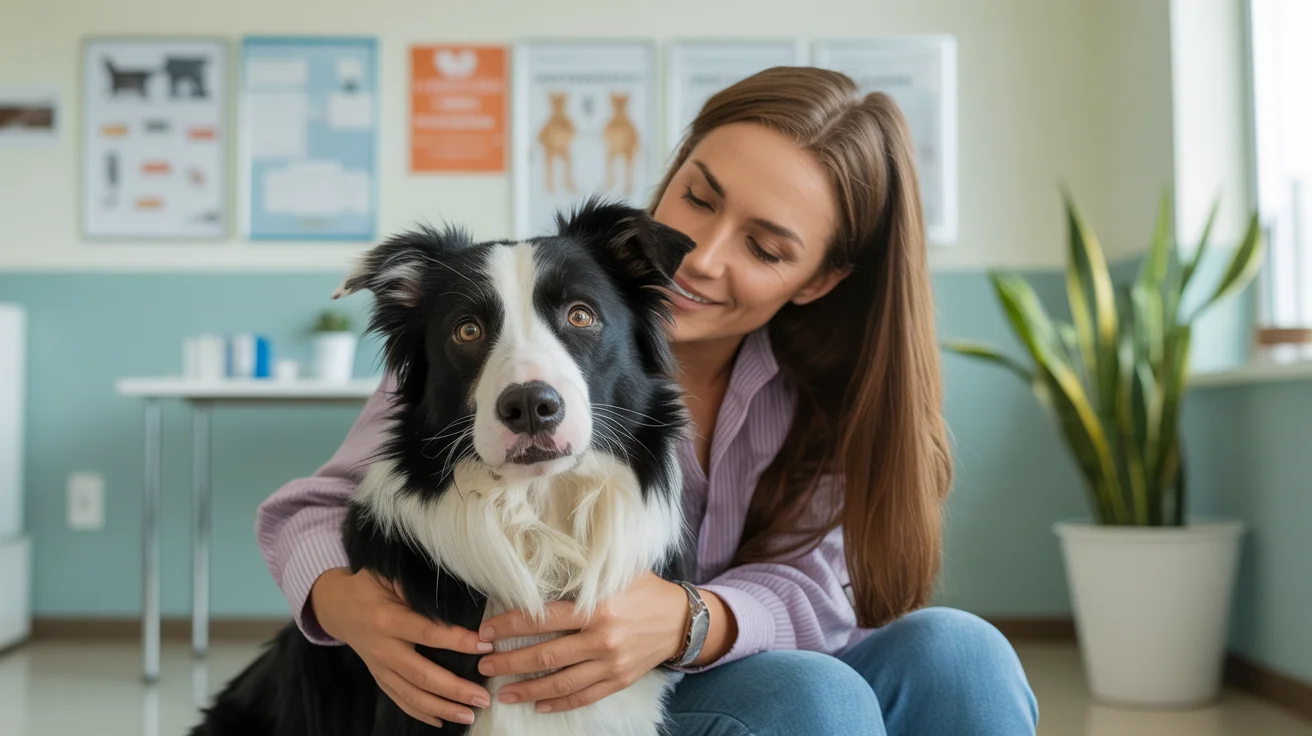 Happy pet owner with healthy dog after treatment