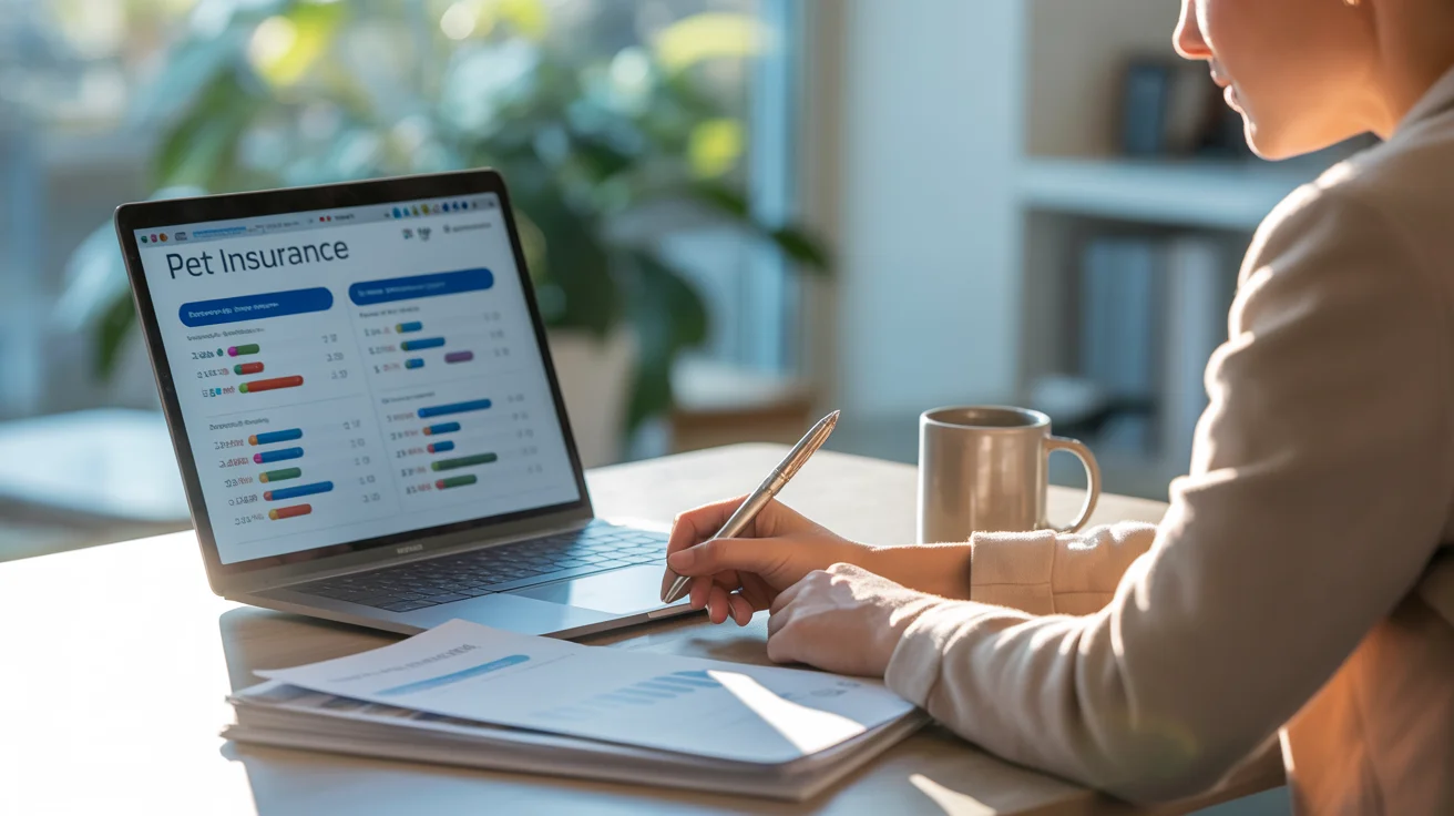 Pet insurance comparison research with charts and laptop