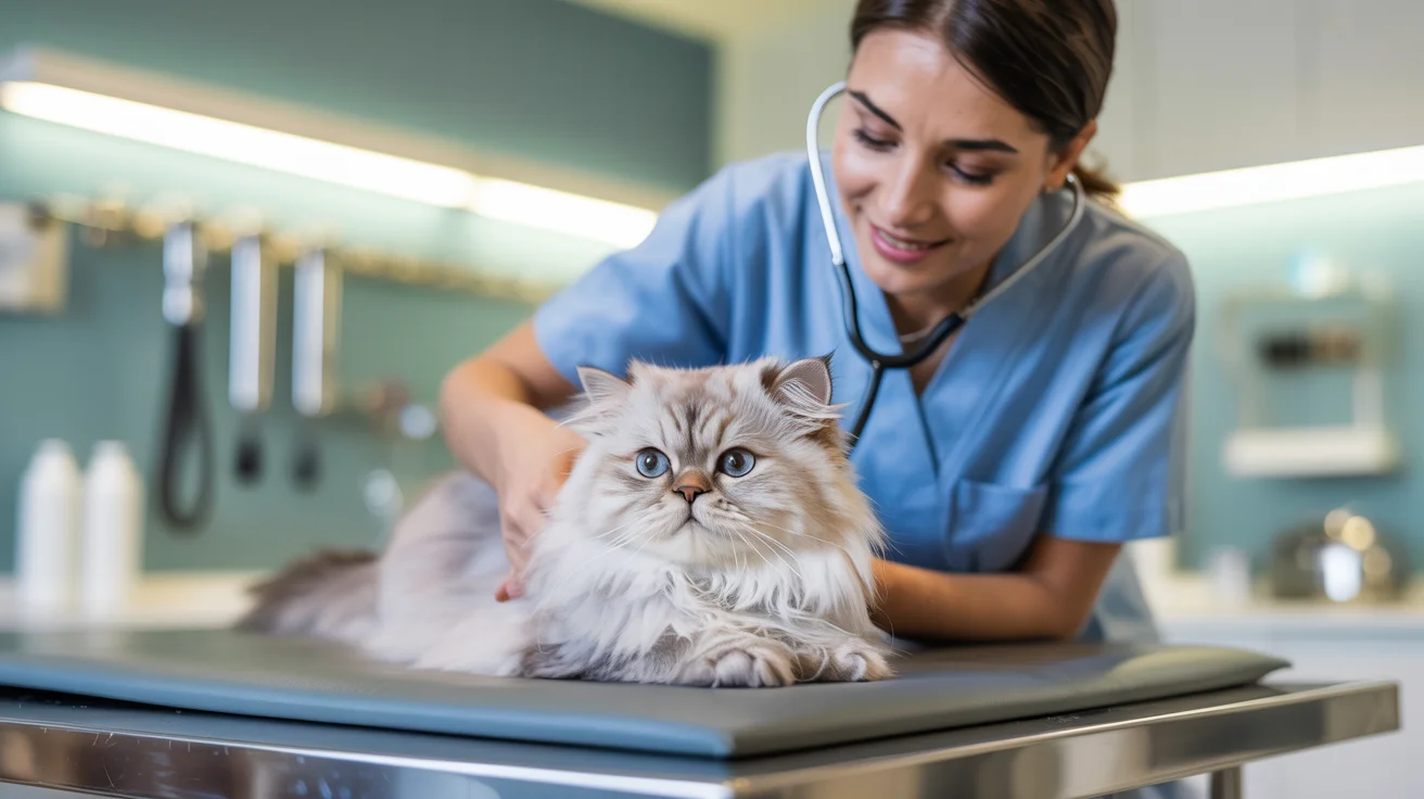 Cat at veterinary clinic getting examined by veterinarian
